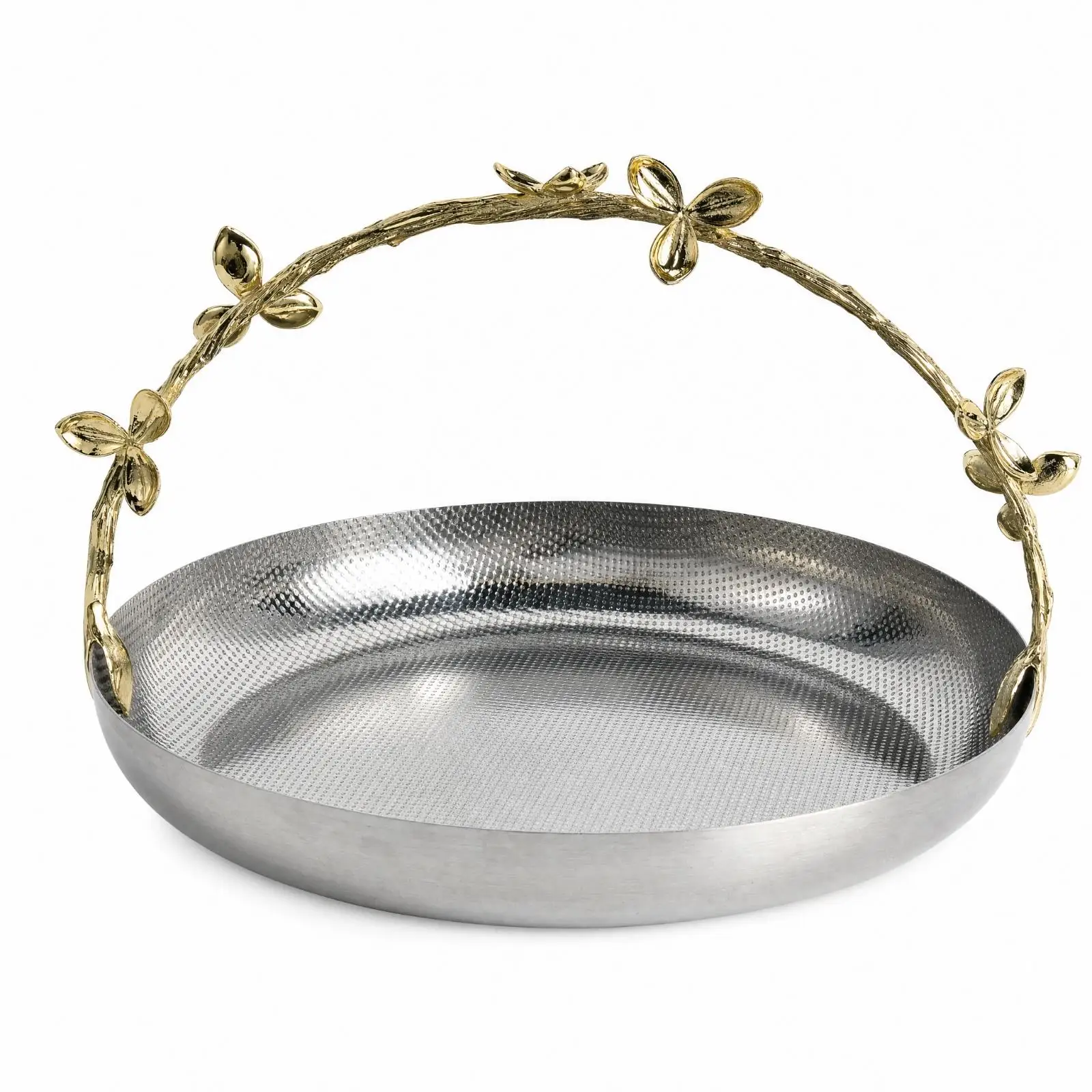 Gold Tone Hammered Metal Fruit Tray with Leaf Embellished Handle for Modern Kitchen Counter Display