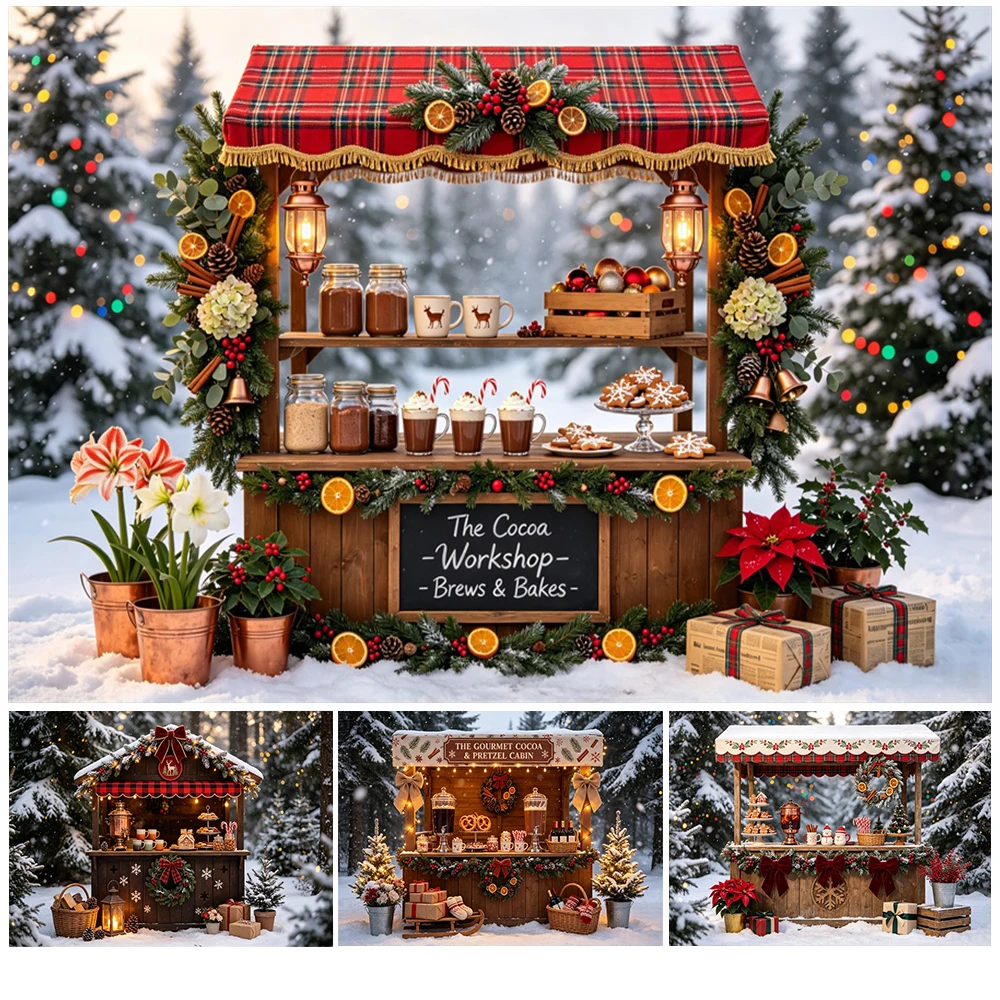 Christmas Market Stall Photography Backdrop Winter Snowy Gingerbread Cookie Gifts Family Holiday Party Portrait Photo Background