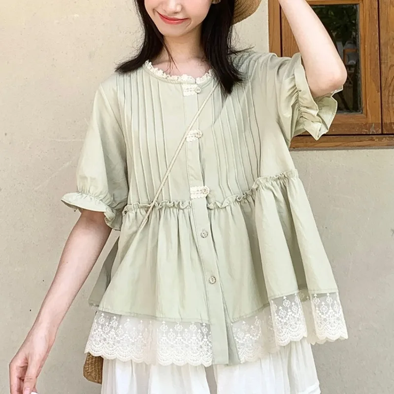 Elegant Ruffles Cute Shirt Women Button Up Shirt Patchwork Lace Hemline Blouse High Waist Puff Sleeve Top Pretty Green Clothing