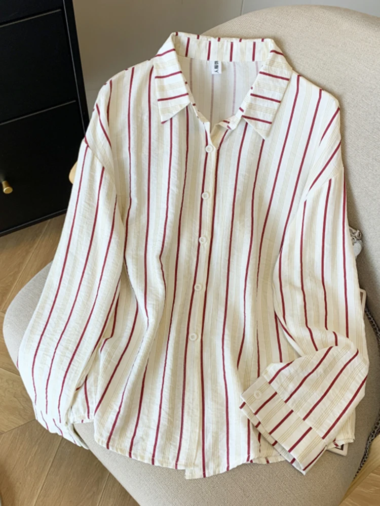 

Длинная свободная женская рубашка-блузка Ele Stripe для весны, повседневная, дышащая, на пуговицах, с эффектом стройности