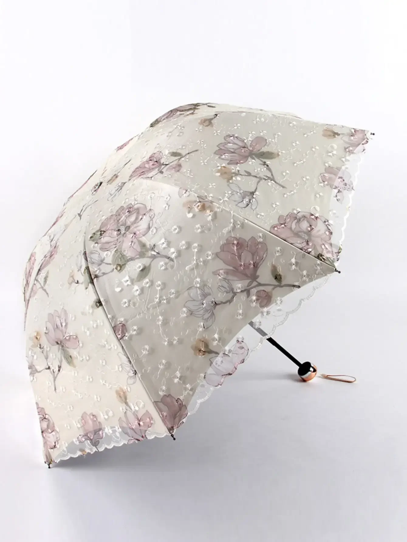 Embroidered lace double layer umbrella UV protection rain and snow folding umbrella Small and Portable Princess Wind and Rain