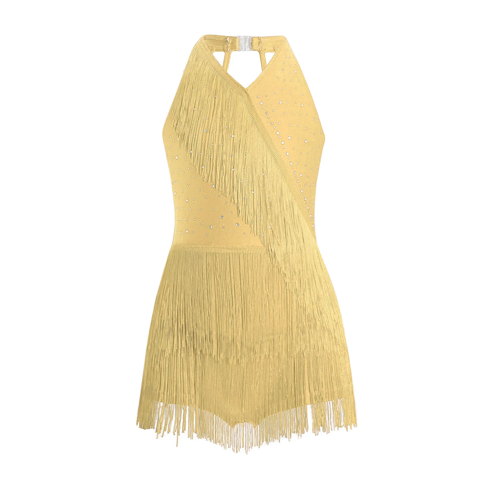 Lyrical Tassel Latin Dance Bodysuit Girls Glittery Fringe Leotard Halter V-neck Sleeveless Strappy Back Tassel Dancer Jumpsuit