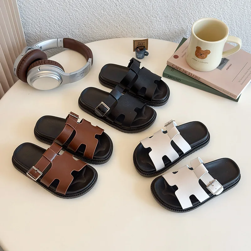 Kids Flat Shoes Slip on Child Girls Slippers Round Toes Thin Band Cross Sandals 2026 Children Barefoot Beach Shoe for 26-35