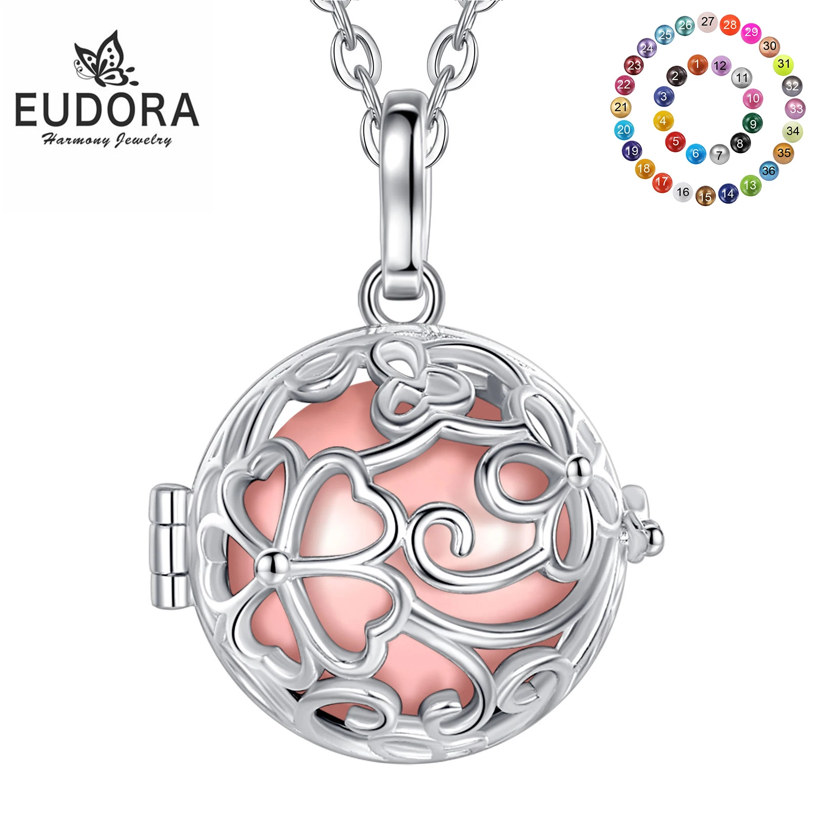 

Eudora 18mm Harmony Ball Flowers Cage Pendant Pregnancy Bola Angel Caller Baby Wishing Chime Ball Necklace Women Jewelry Gift