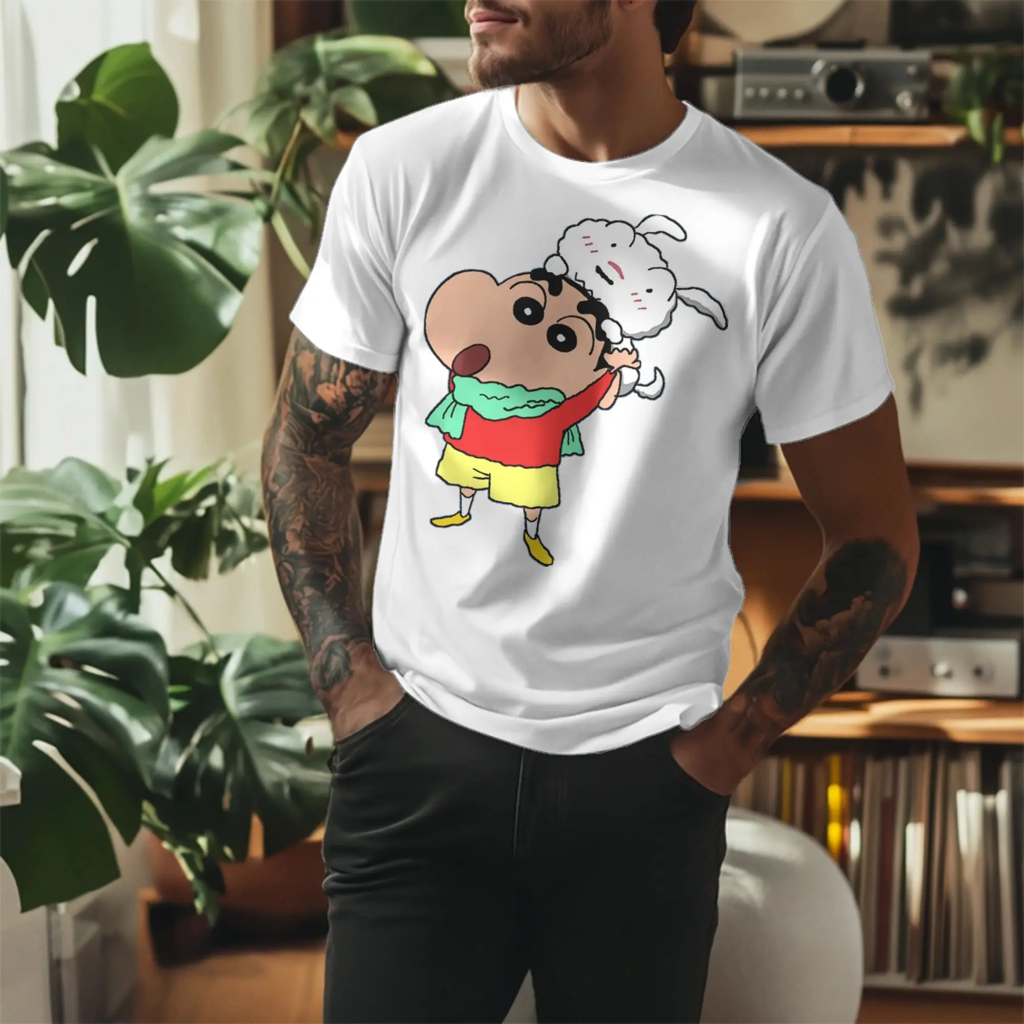 Funny Crayon Shin chan with shiro T-Shirt Unisex Round Neck Short Sleeve Tops  Cotton Summer TopsTops
