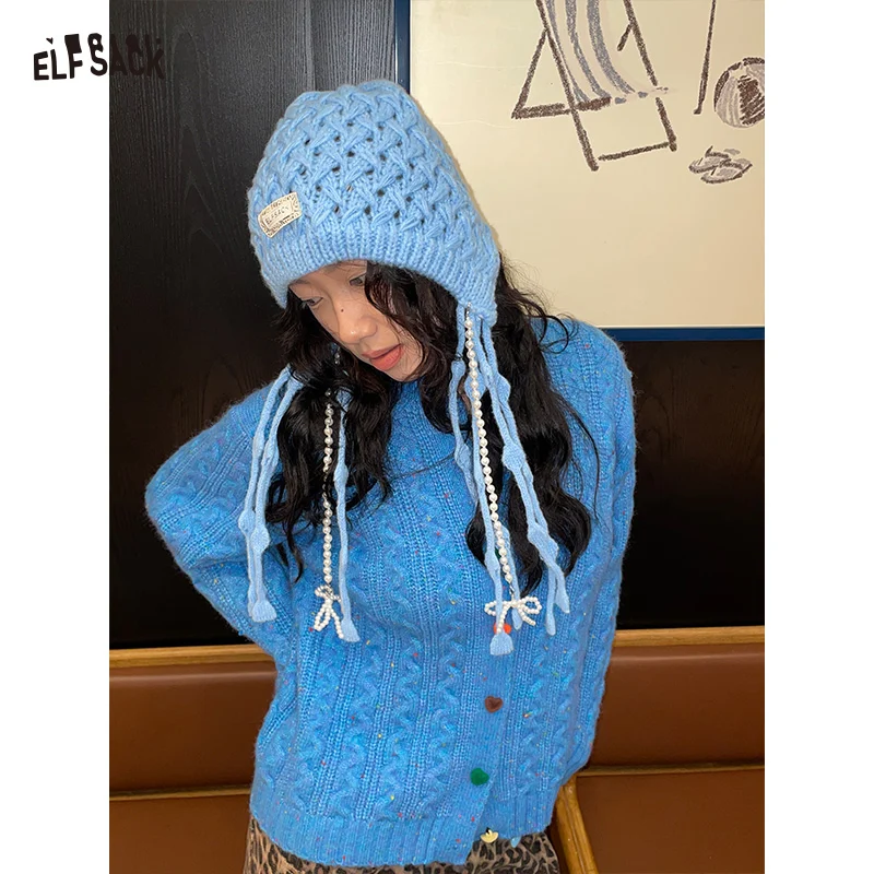 

ELFSACK 2025 Winter New Arrivals Cute Crocheted Tassels Red Ear-flap Hat For Woman