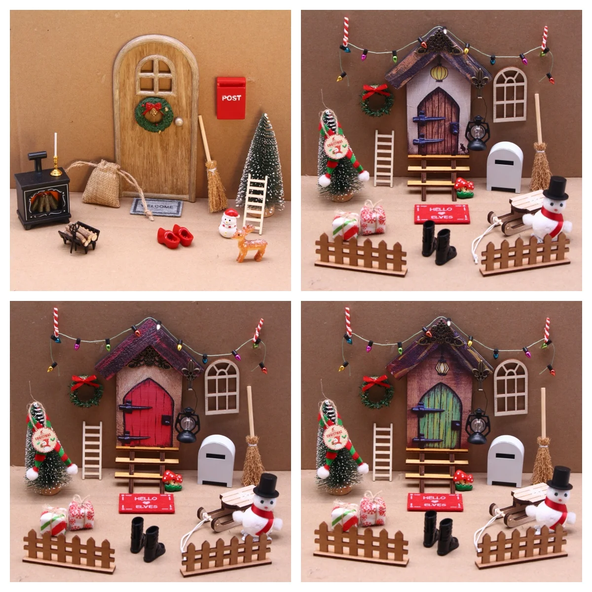 2024 Xmas Dollhouse Miniature Tiny Outdoor Wooden Tooth Fairy Elf Enchanted Magic Door Christmas Gnome Garden Decor Craft Activi