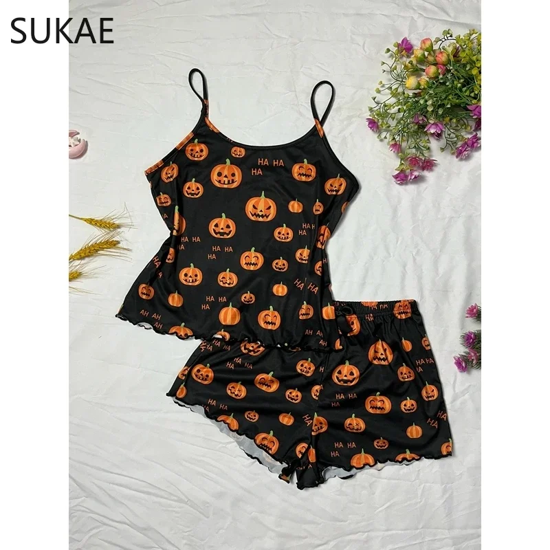 SUKAE HOT Halloween Prumpkin Nightie Spaghetti Strap Pajamas Set Women Tank Top Shorts Girl Sexy Lingerie Sleeveless Pijamas