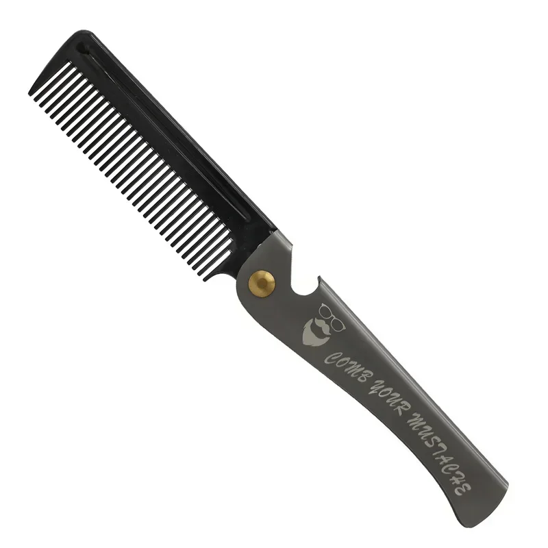 Metal Men Folding Pocket Comb Knife Shape PP Teeth Detangling Hair Beard Facial Comb Handle Foldable Combing Mustache Comb Tool