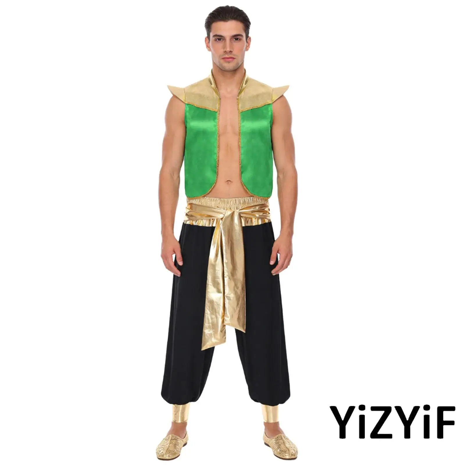 أزياء تنكرية للرجال للهالوين كرنفال الأمير العربي بأكمام طويلة سترة أمامية مفتوحة وسراويل طويلة لشخصية المصباح السحري