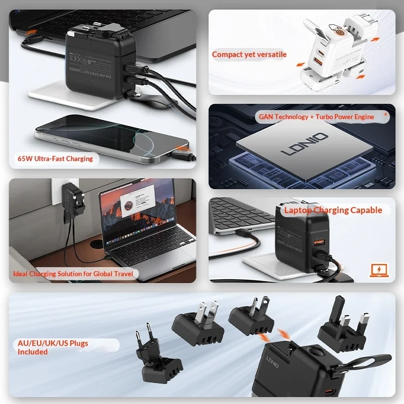 In Stock Ldnio Pd 65w Gan Fast Charger Portable Multi Port With Au Eu Uk Us Plug For Phone 15 16 Laptop Global Travel Charging