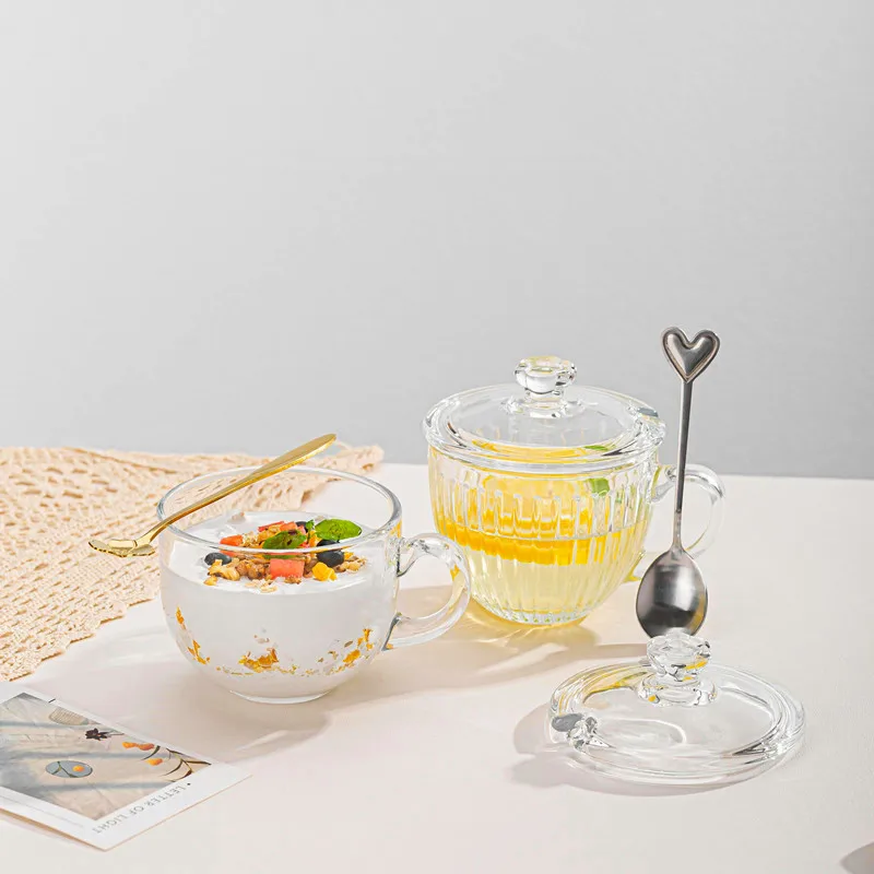 Heat-resistant Glass Cup with Lid and Spoon,Large Capacity,Office Bubble Tea,Oatmeal Coffee, Breakfast Milk Cup, Lead-free Craft