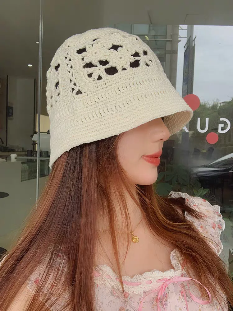 2025 Handgefertigte Neue Blumen Y2K-Stil Gewebte Strickmütze Russische Damen Luxus Panama Mode Bucket Hat – Detail 8