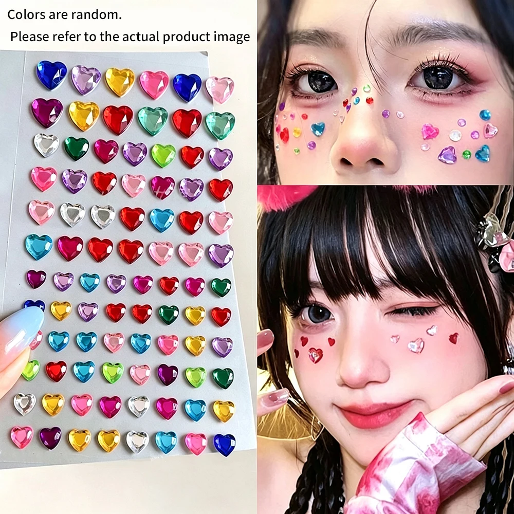 1Sheet Colorful Heart Face Gems Stickers10/8/6mm Self Adhesive Love-Heart Rhinestone Gem Jewels Stickers For Face Eye Makeup Dec
