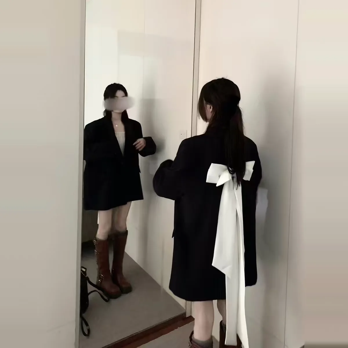 Black Blazer for Women French Style Coat with Back Bow Color-Block Loose Fit Office Jacket Work Wear Female