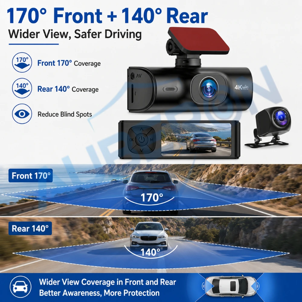 Dual Dash Cam 4K Front 1080P Rear Camera WiFi Car DVR Recorder APP Control Night Vision Loop Recording G-sensor Parking Monitor