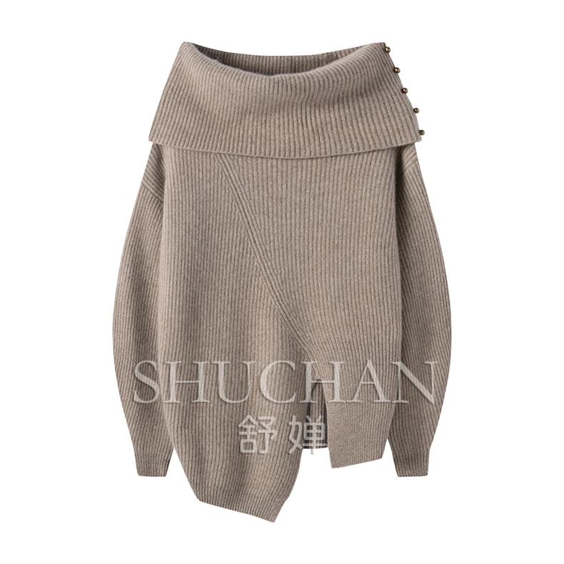 off shoulder Pure cashmere asymmetric cashmere knitted sweater Slash neck LOOSE pull femme pullover winter clothes women