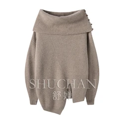 off shoulder Pure cashmere asymmetric cashmere knitted sweater Slash neck  LOOSE  pull femme  pullover  winter clothes women