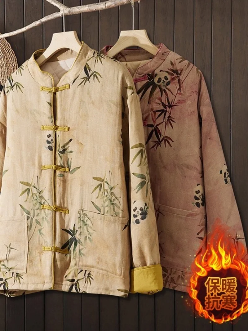 

Stand Collar Printed Casual Warm Cotton Clothing Chinese Style Outerwear Temperament Large Size Buttoned Quilted Jacket W776