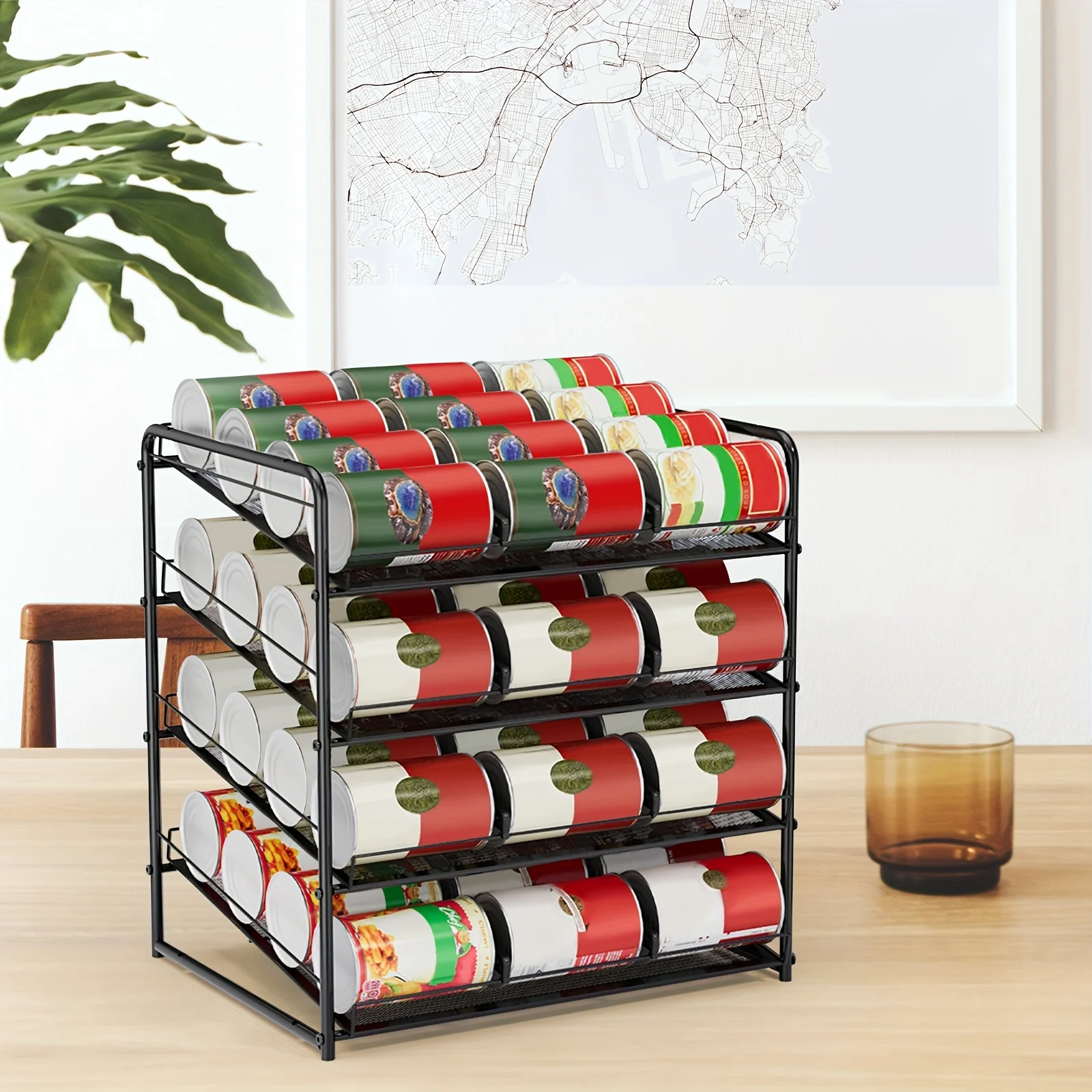 

[Экономия места] 4-х уровневая металлическая полка для консервных банок-органайзер-регулируемые перегородки вмещает 48 банок/банки, компактная прочная конструкция.