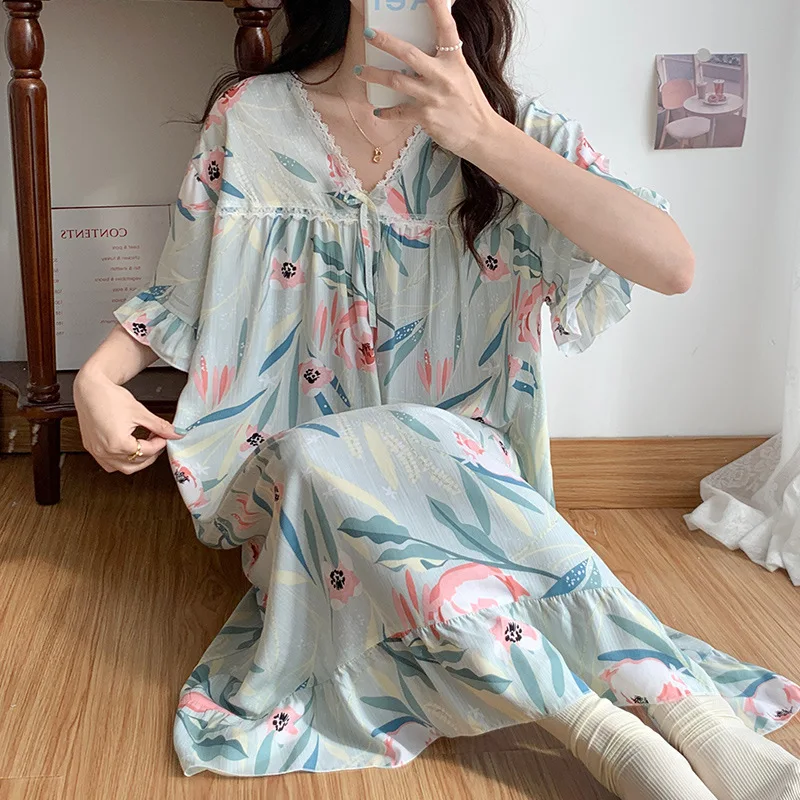 Colorful Printed Nightgown V-neck Lace Bow Tie Pajamas Cotton Silk Sleepwear Short Sleeve Dress Home Casual Clothes for Women