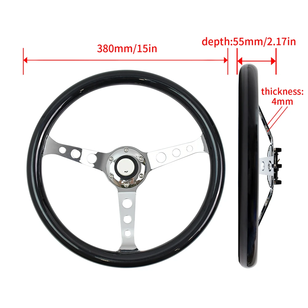 Universal 380mm Black Solid Wood Retro Steering Wheel 6 Hole Sports Drifting Steering Wheel With Electroplating Bracket