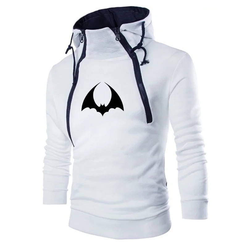 Men's Casual Hoodie Double Zipper Fashion Sweatshirt Printed Bat Long Sleeved Autumn Winter Tops Men's Clothing Y2K Streetwear