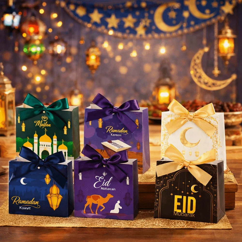 

10Pcs Multicolor Eid and Ramadan Gift Boxes Star/Moon Satin Ribbon Bow Eid Gift Box Simple Portable Gift Packaging Bags