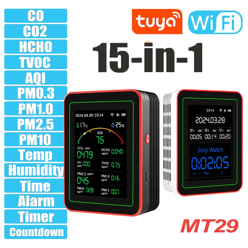 Tuya WiFi 15 in 1 Air Quality Monitor Portable Rechargeable AQI CO2 CO PM2.5 PM10 PM0.3 TVOC HCHO Household APP Control Detector
