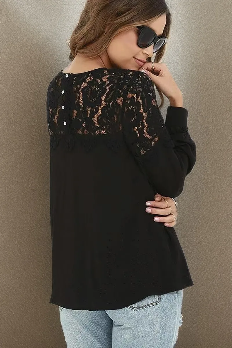 Elegancki damski sweter z koronkowymi aplikacjami Illusion O-Neck opadające ramiona z długim rękawem najniższe topy łączenie bluzka z guzikami na plecach