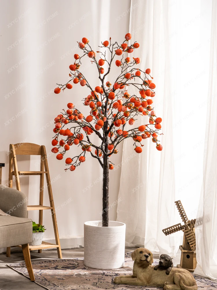 Simulation Persimmon  Holly Fruit Tree Fake Trees Green Plant Fake Flower Potted Indoor Living Room Floor Decoration