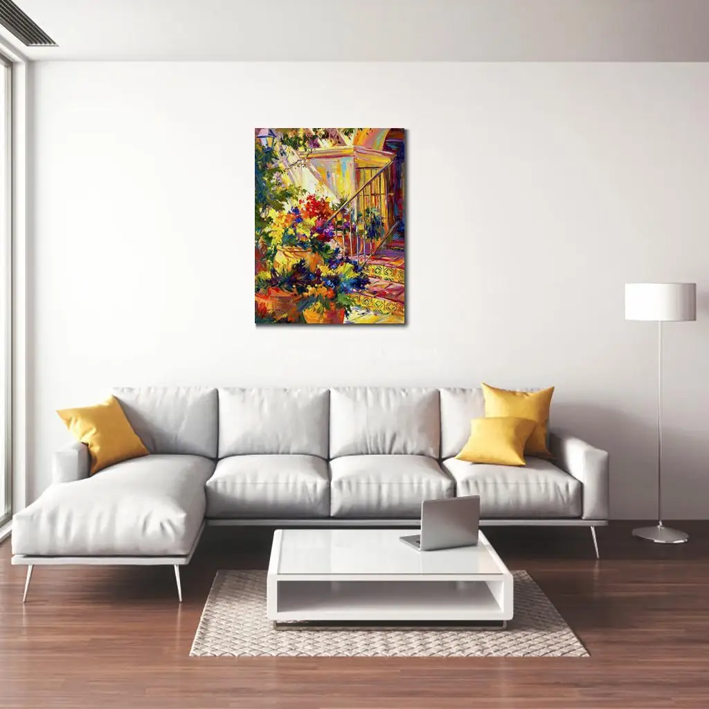 Oversize HD Printed Canvas Wall Art Romantic Mediterranean Garden Colorful Ocean Landscape Decor for Bar Hotel Lobby Living Room