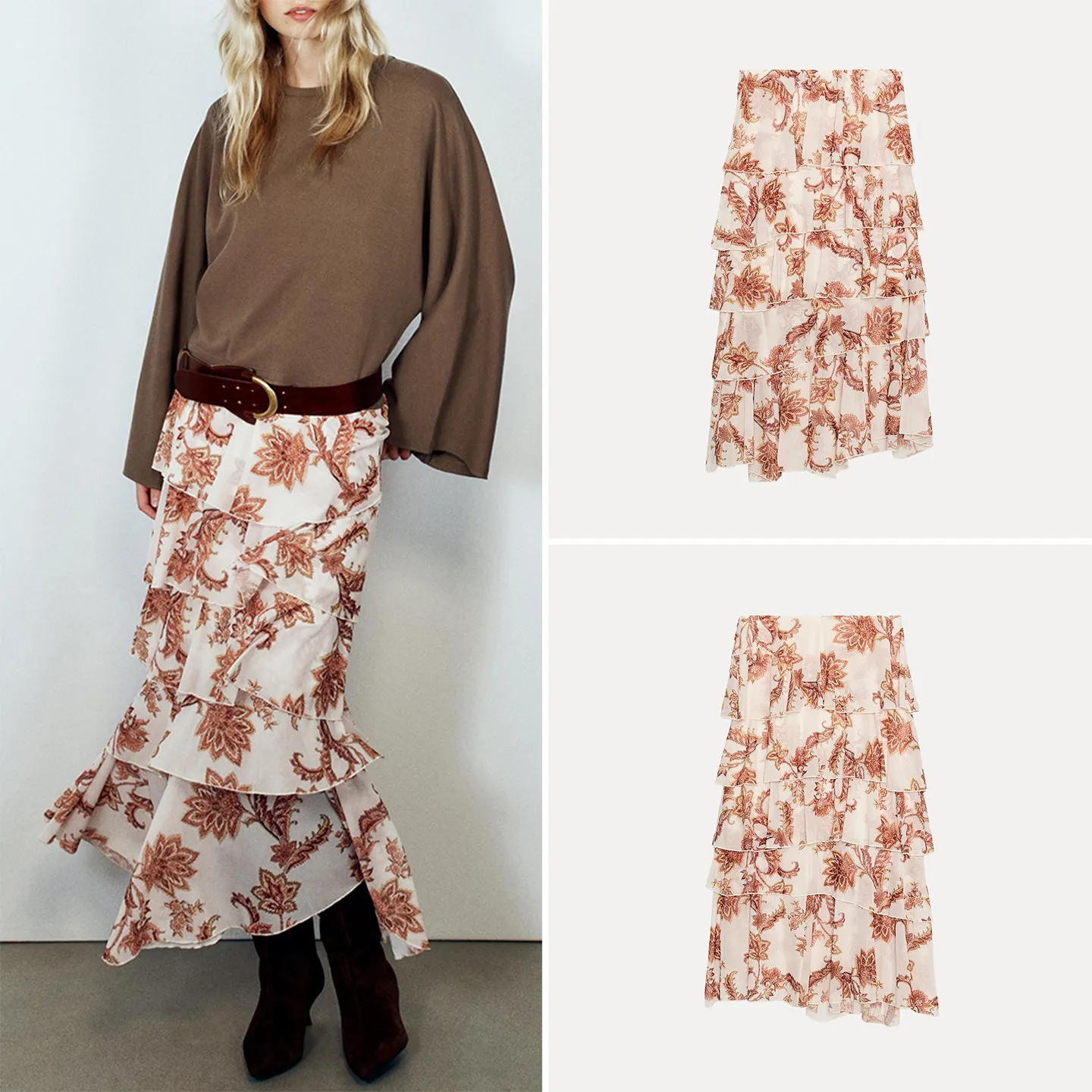 Printed Asymmetric Layered Decorations Midi Skirt Women's Fashion Autumn 2026 Standard Waist Design Other Material Other Process