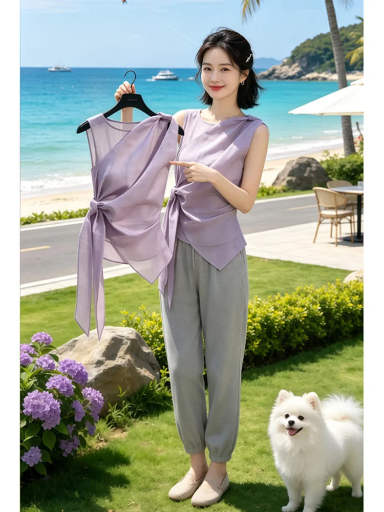 

Elegant Summer Top Beautiful Side Waist Knot No Sleeve Shirt Versatile Women's Fashion Casual Breathable Short Sleeve round Neck