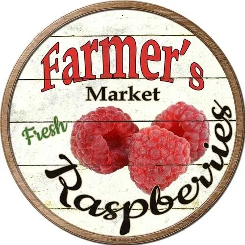 

Farmers Market Fresh Raspberries 12" Round Metal Sign Rustic Retro Kitchen Decor