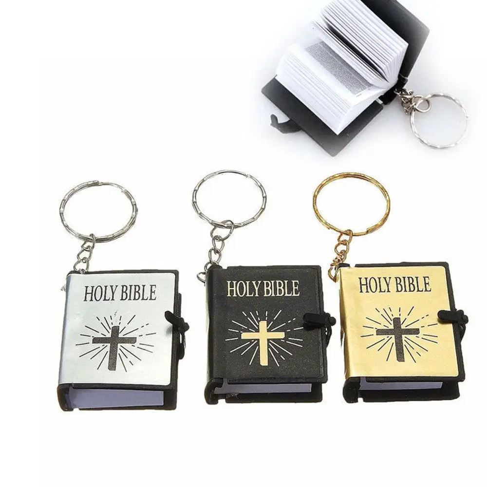 Mini English HOLY BIBLE Keychains Christian Jesus Cross Muslim Keyrings Women Bag Charm Prayer God Bless Key Holder Accessories