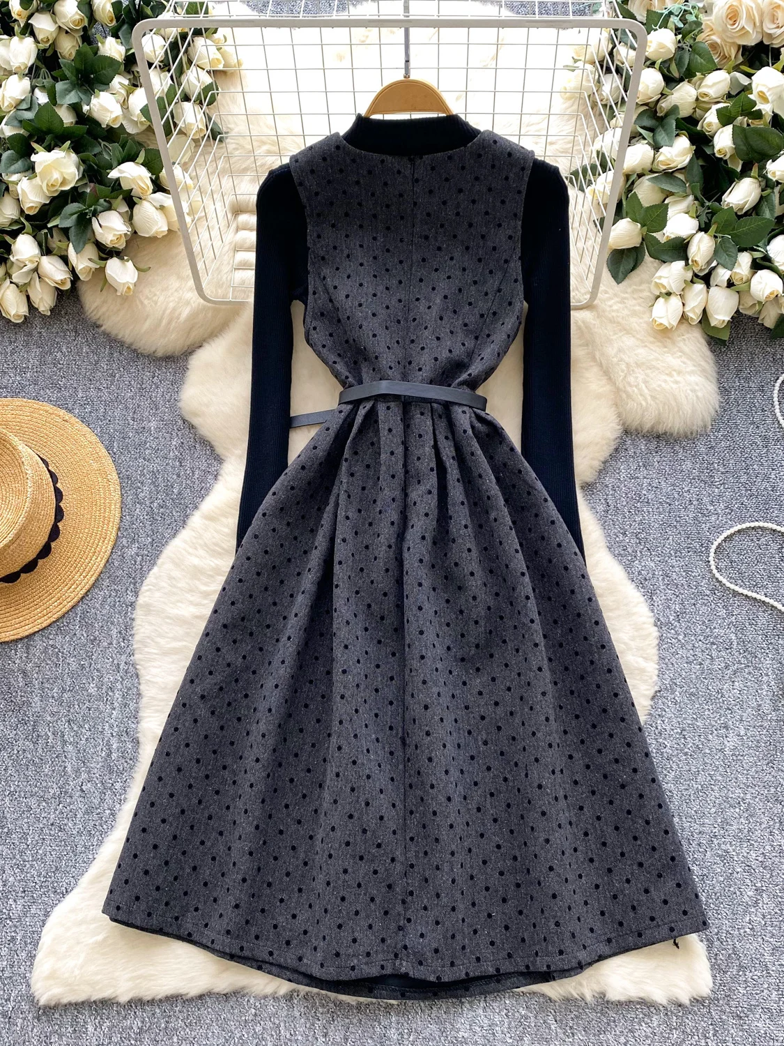 Women's Autumn Faion Two-Piece Set High Waist Polka Dot Dr Belted Waist Svel + Knitted Base Layer Ci Commute