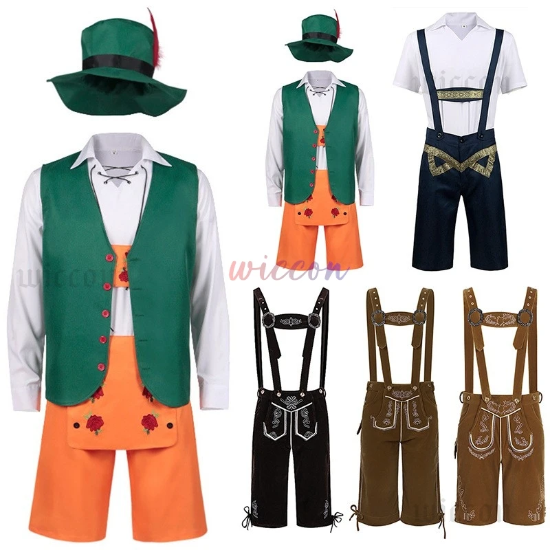 

German Oktoberfest Bib Pants Set Bavarian Clothing Oktoberfest Beer Bavarian Pants Hat Cosplay Costume Party Suit for Men