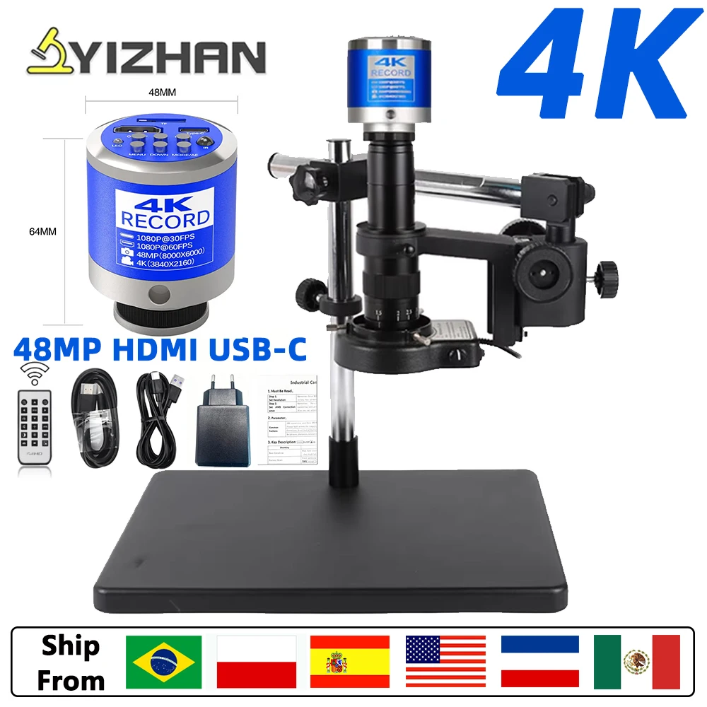 4K Electronic Digital Video Microscope Camera 48MP HDMI 1080P 180X Zoom C Mount Lens 56 LED Mobile Phone Repair Tools