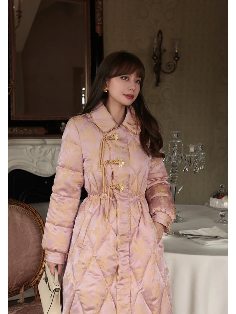 

Original Chinese Sle Heavy Embroidery Pearl Button Stand Collar down Jaet Flap Sve Warm Faionable Busin Commute Wind