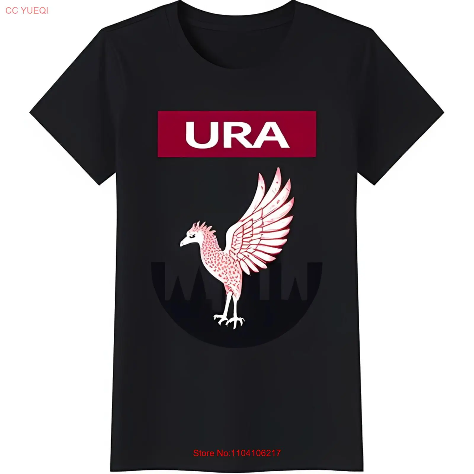 

Stylish Black T-Shirt with 'URA' Design White Bird & Cityscape Print