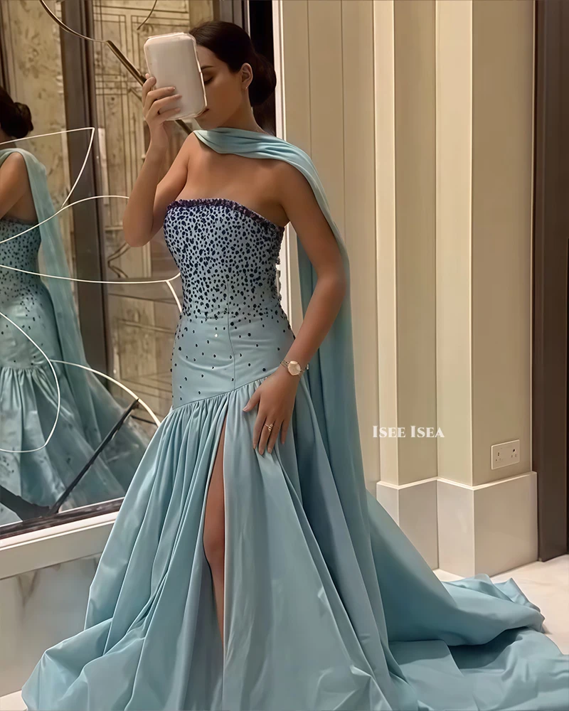 Gaun Malam Berpayet Kristal Tanpa Tali A-line Seksi Tanpa Lengan Belahan Samping Gaun Pesta Vestidos De Noches Kustom 2025