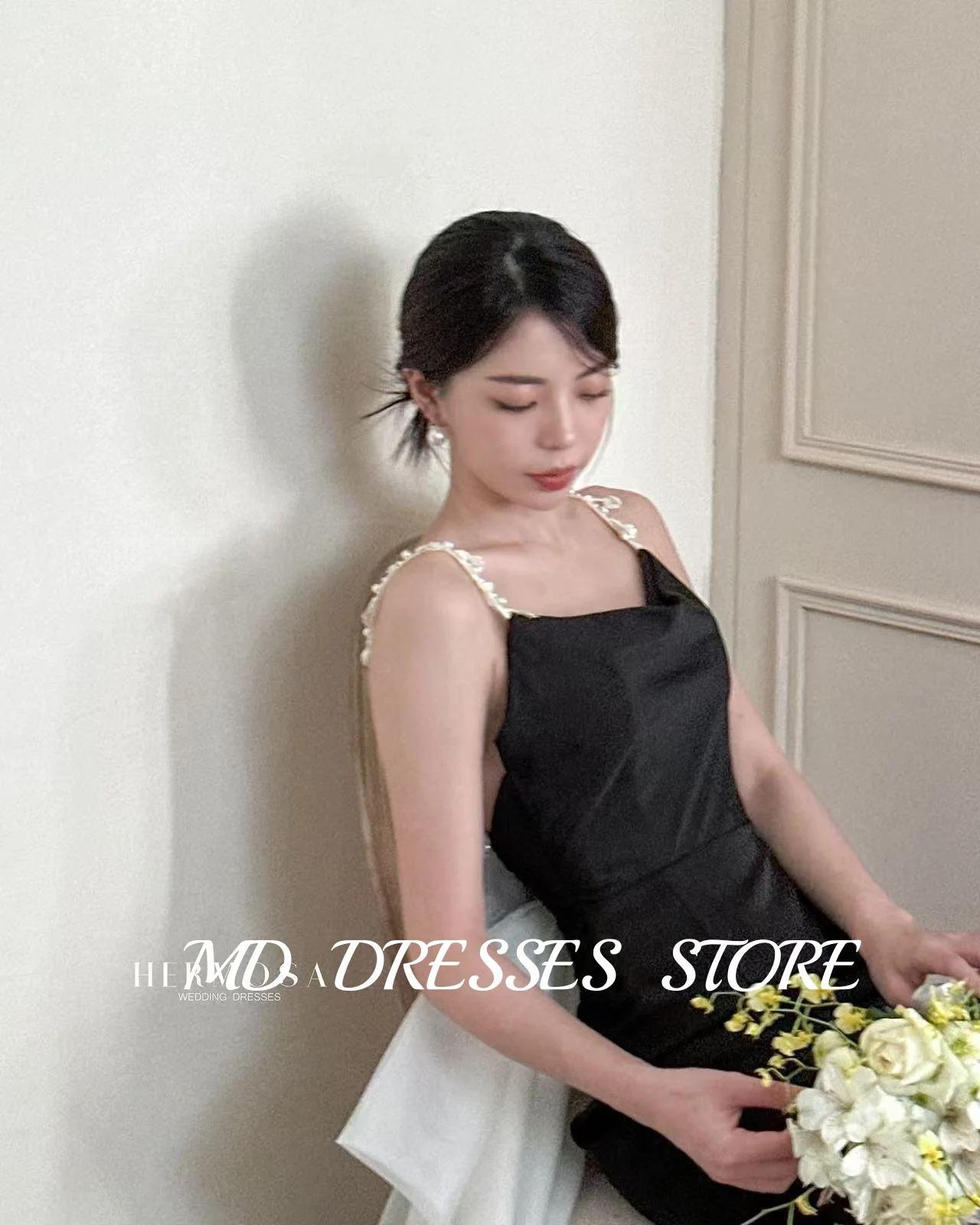 MD Elegant Black Wedding Dress A-line Side High Slit Spaghetti Strap Korea PhotoShoot Evening Back Big Bow Prom Gown Customised