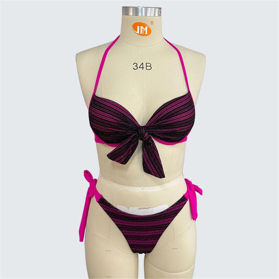 S - XXL Gestreifter Neckholder-Bikini, Damen-Badeanzug, zweiteiliges Bikini-Set, Badeanzug mit hohem Beinausschnitt, Badebekleidung, Schwimmanzug V7586 – Detail 8