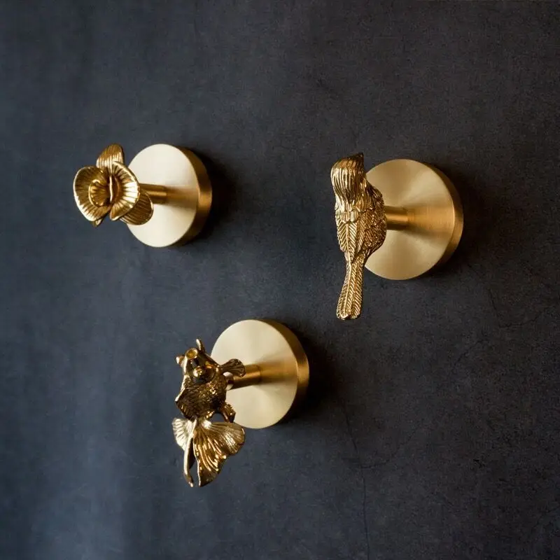 Wall mounted brass non punched key hook bracket animal and plant decoration jacket hat storage rack bathroom kitchen pendant