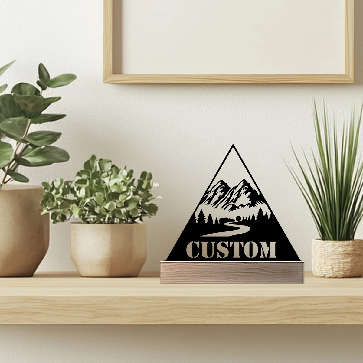 1pc Modern view scene Custom Name Tin Statue Metal Ornament With Wood Base Iron Sculpture Art Figurine With Wood Base