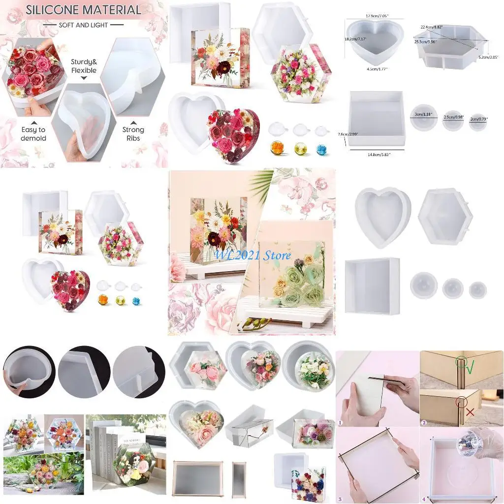 

G5GC 6 Pcs Geometric Ball Heart-shaped Resin Molds Hexagonal Silicone Mold for Resin Casting Home Decoration Desktop Decor