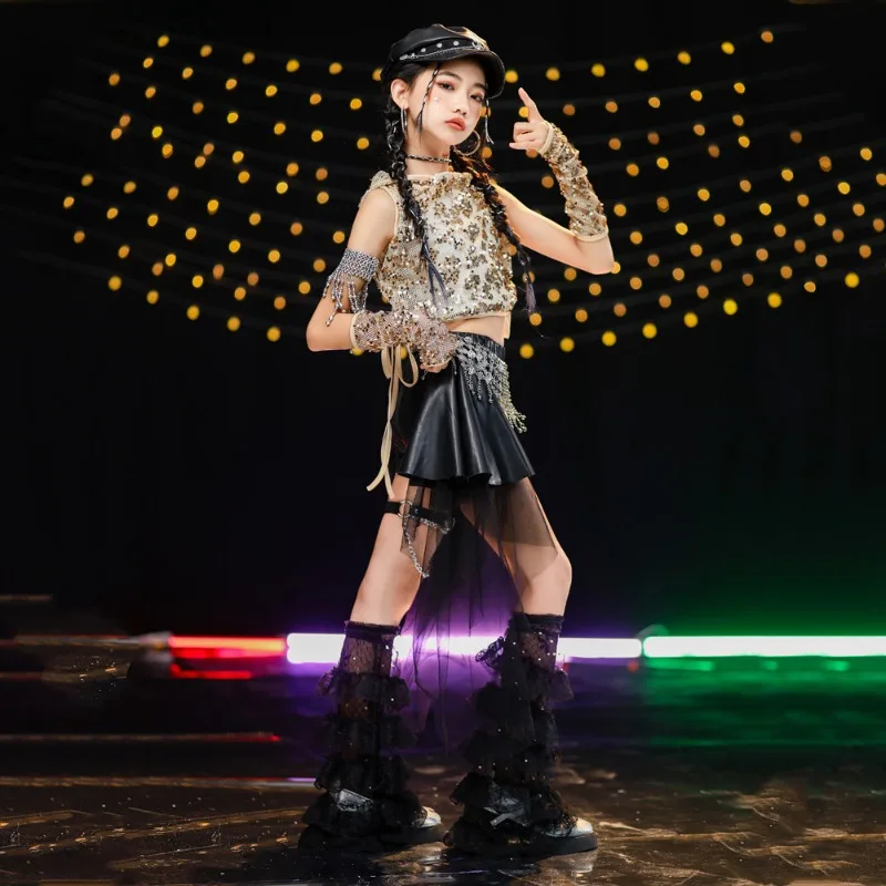الفتيات Kpop ملابس رقص مجموعة الذهب الترتر صافي هوديي المحاصيل تانك الأعلى جلد أسود مطوي تنورة صغيرة الهيب هوب أداء الزي