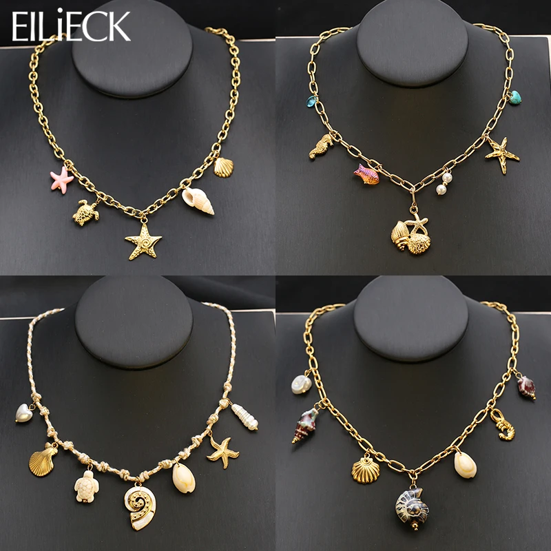 

EILIECK 316L Stainless Steel Ocean Style Conch Starfish Shell Pendant Necklace for Women Golden Collar Summer Handmade Jewelry