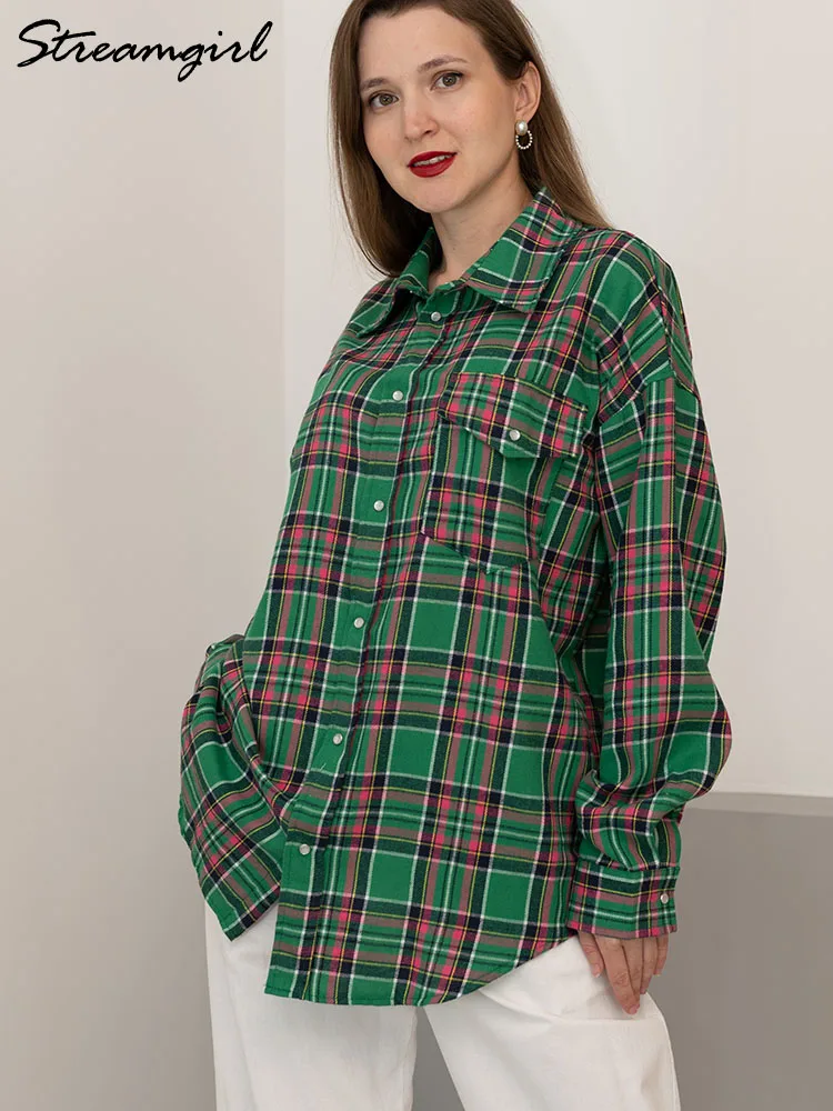 Casual Oversized Plaid Shirt Autumn Winter Women Vintage Loose Blouses Plaid Tops Women Oversize Shirts With Pockets Ladies 2024